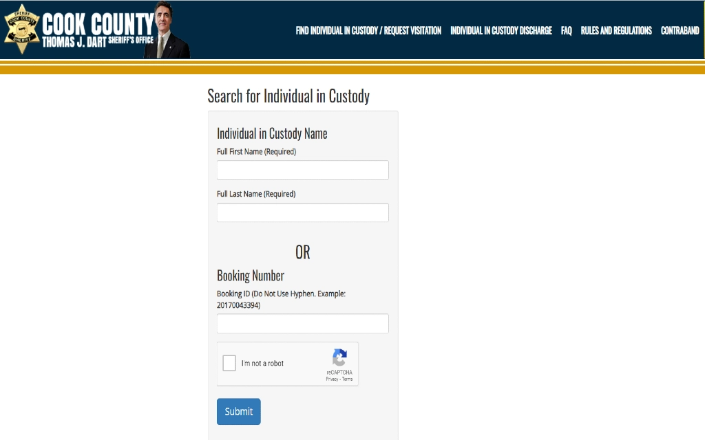 Cook County custody search form to find individuals within the Illinois criminal database, requiring a full name and booking identification number.