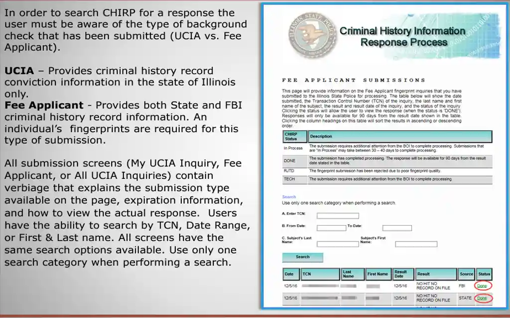 Illinois Criminal History Information Response Process for obtaining criminal history records within the state of Illinois database.