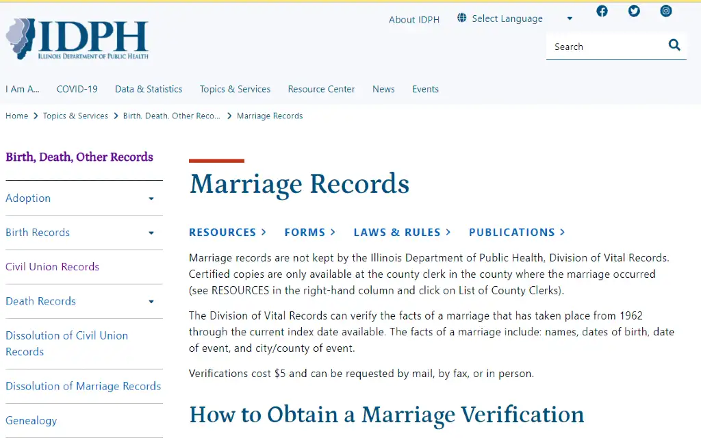 Free Illinois marriage records can be obtained through the IDPH or Illinois Department of Public Health. 