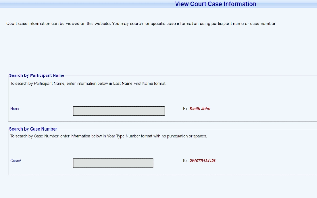 Illinois court case information search form requiring participant name and case number.