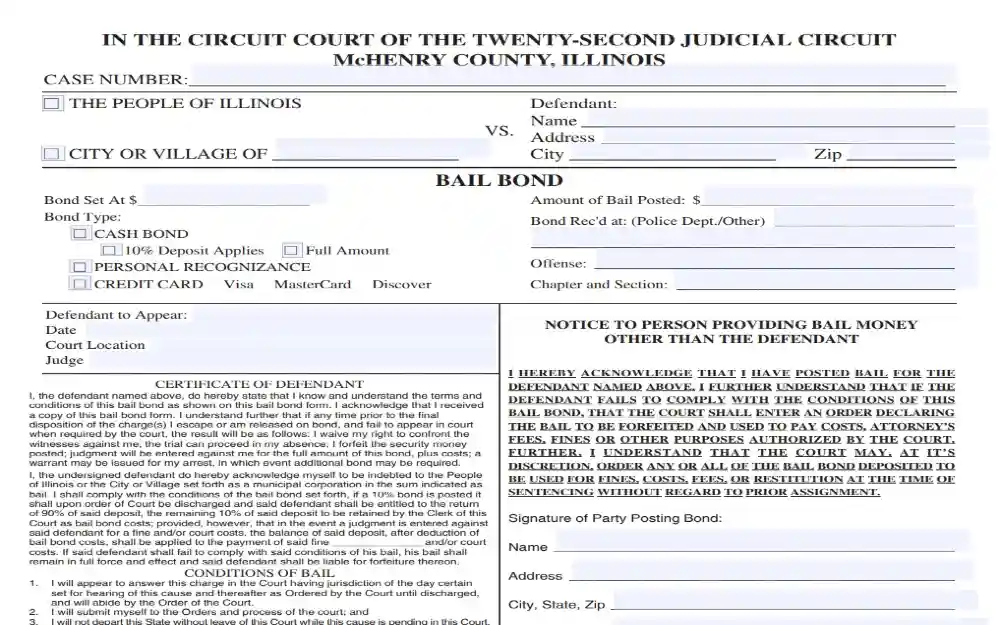 A document for requesting a jail bond in McHenry County which includes the case number, defendant's name and address, bond set, amount and type, along with the defendant's certificate and conditions of bail.