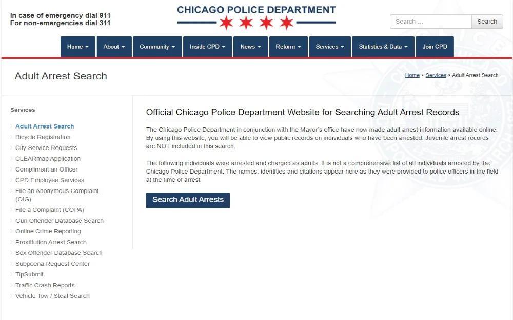 A webpage of the Chicago Police Department where we can search for adult arrest records.