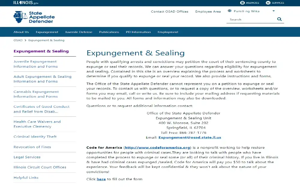 A screenshot of Office of the State Appellate Defender showing the expungement & sealing page and it's additional contact information.