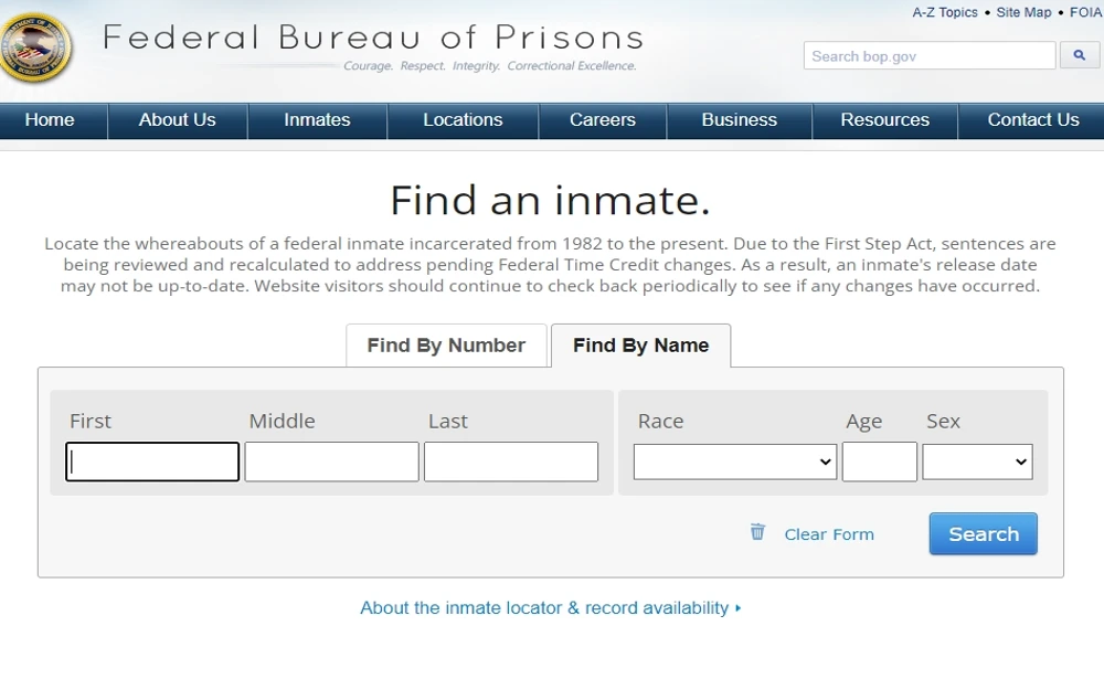 A screenshot of Federal Bureau of Prisons displaying the "Find an Inmate" page.
