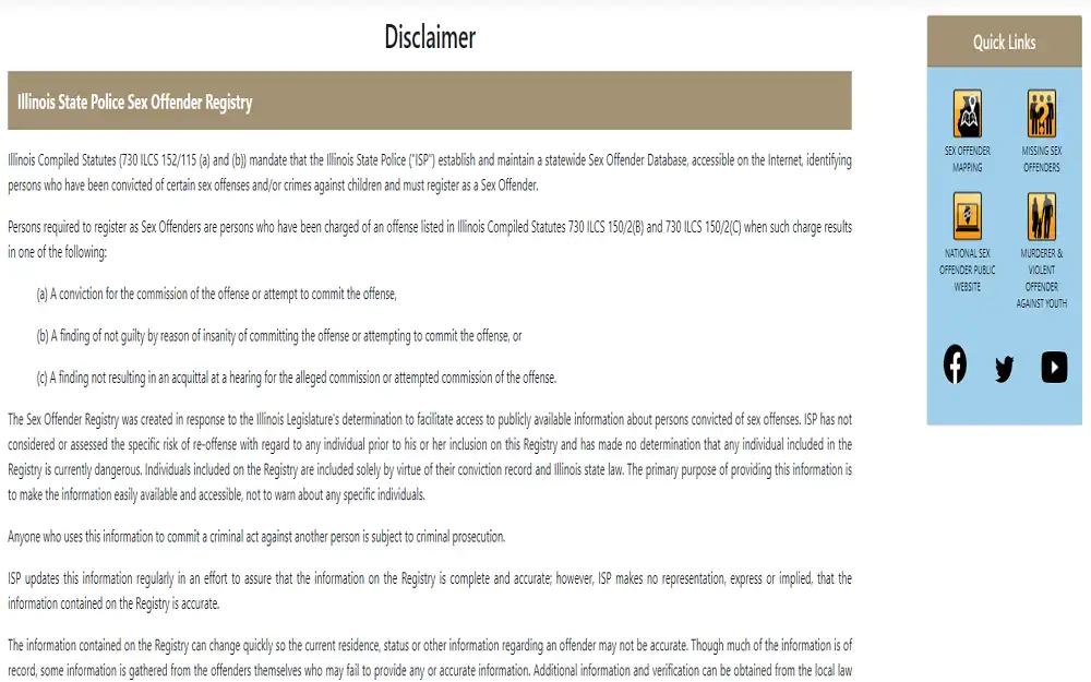 A screenshot of the Illinois State Police's website showing the "Disclaimer" page.