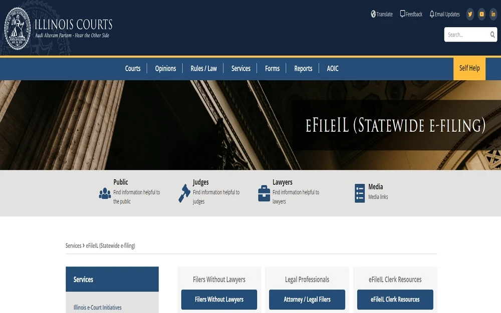 A screenshot of the Illinois Courts homepage, displaying various information and services available.
