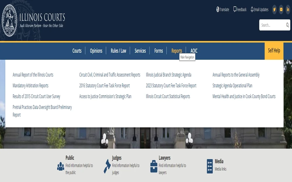 An illustration of the Illinois Courts website shows the homepage highlighted at the top with items such as courts, opinions, rules and laws, services, forums, reports, and AOIC.