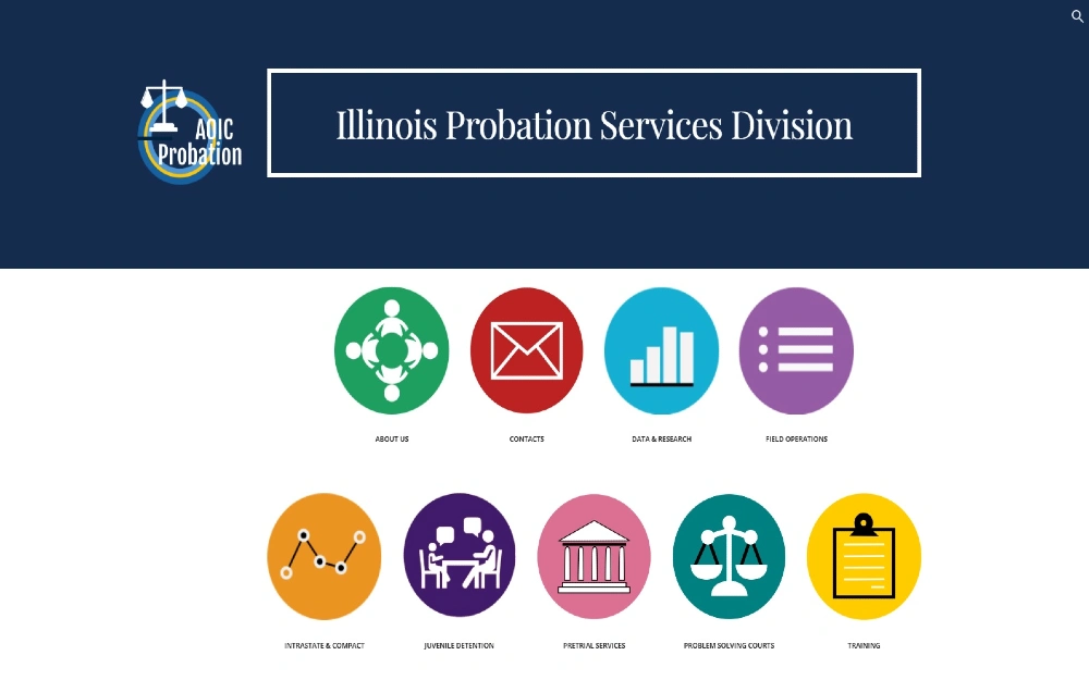 A screenshot of Illinois Probation Services Division homepage, where various services and information such as data and research, field operations, and juvenile detention, among others, are represented through symbols and colors.