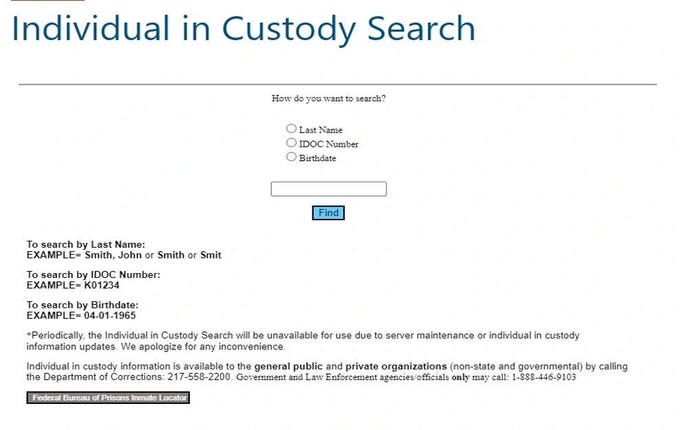 A screenshot of Illinois Department of Corrections' website displaying the "Individual in Custody Search" page.