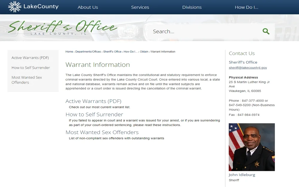A screenshot of the Lake County Sheriff's Office website showing the Warrant Information and contact information page.