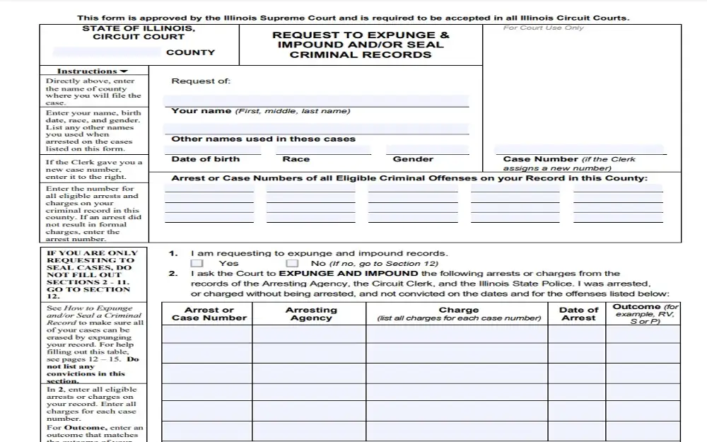 A screenshot of request form to expunge & impound and/or seal criminal records.