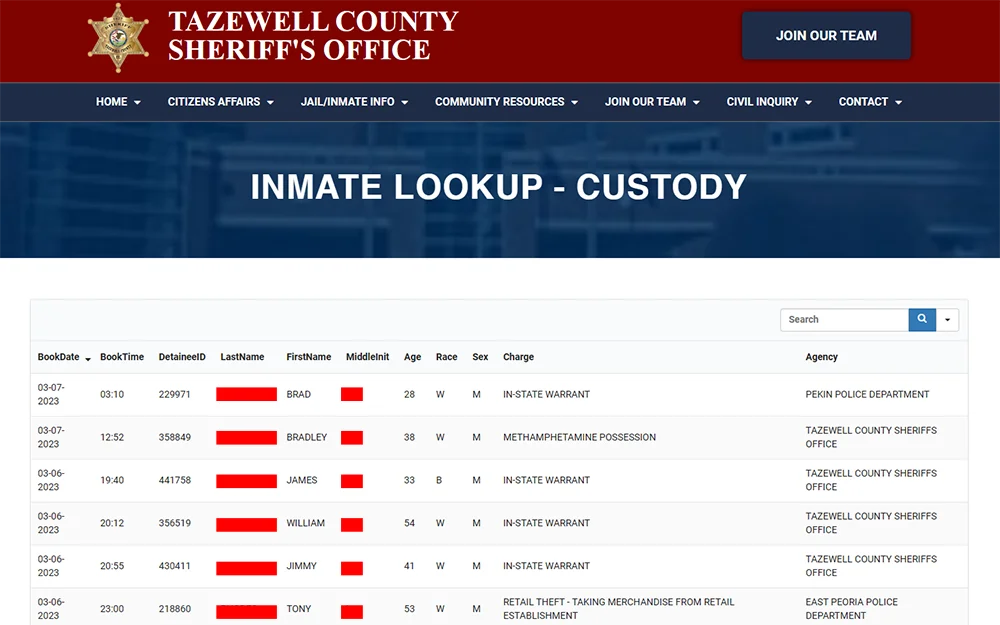 An illustration of the Tazewell County Sheriff's Office website display featuring a section for inmate look-up and custody information.
