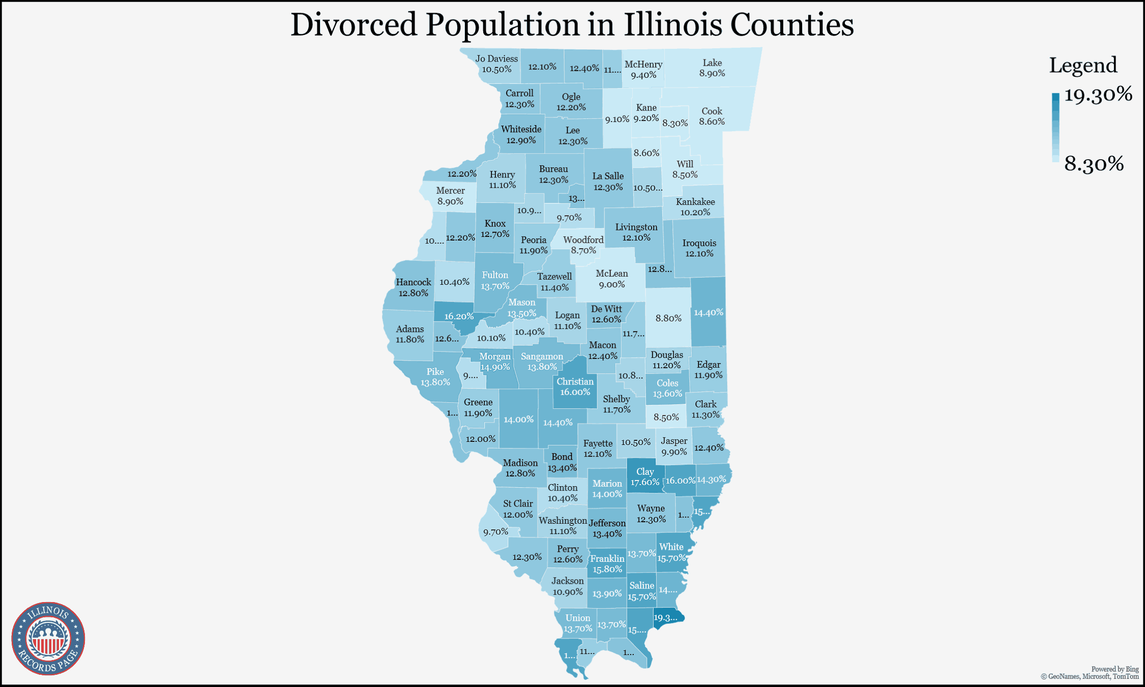 A map illustrating the percentage of divorced population in each county of Illinois is provided by the United States Census Bureau, with a legend located at the top right corner indicating that the highest percentage is 19.30% and the lowest is 8.30%.