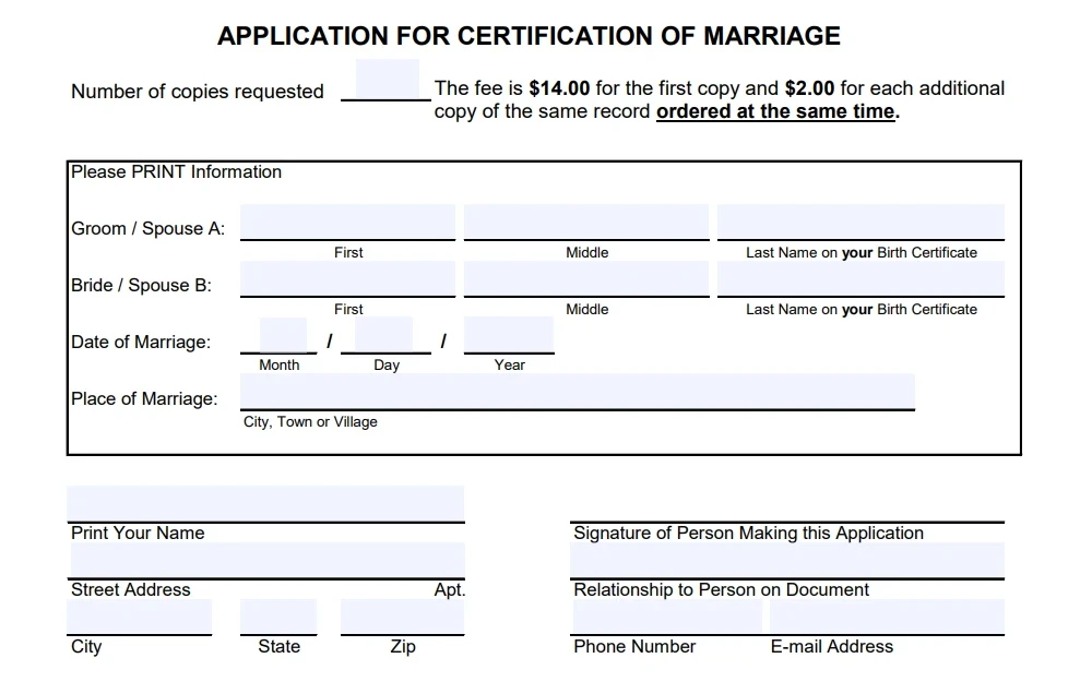 Screenshot of a section of the marriage certificate application form with fields for number of copies requested, spouses' names, marriage date, place of marriage, address, contact information, and signature.