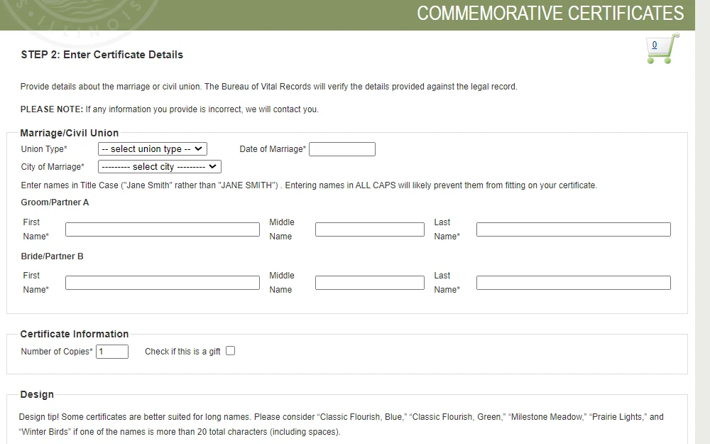 Screenshot of a section of the online commemorative certificate order form with fields for union type, marriage date and city, spouses' full names, and certificate information.