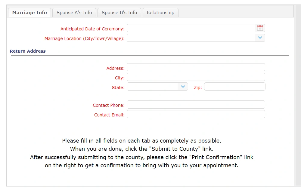 Screenshot of a section of the new DuPage County online marriage application form with tabs for marriage info, spouses' info, and relationship, showing fields for anticipated date of ceremony, marriage location, return address, and contact information under the marriage info tab.