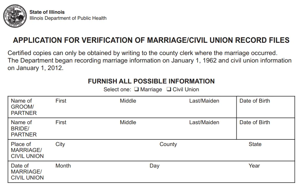 Screenshot of a marriage verification application form with fields for spouses' names and birthdates, place of marriage, and date of marriage.