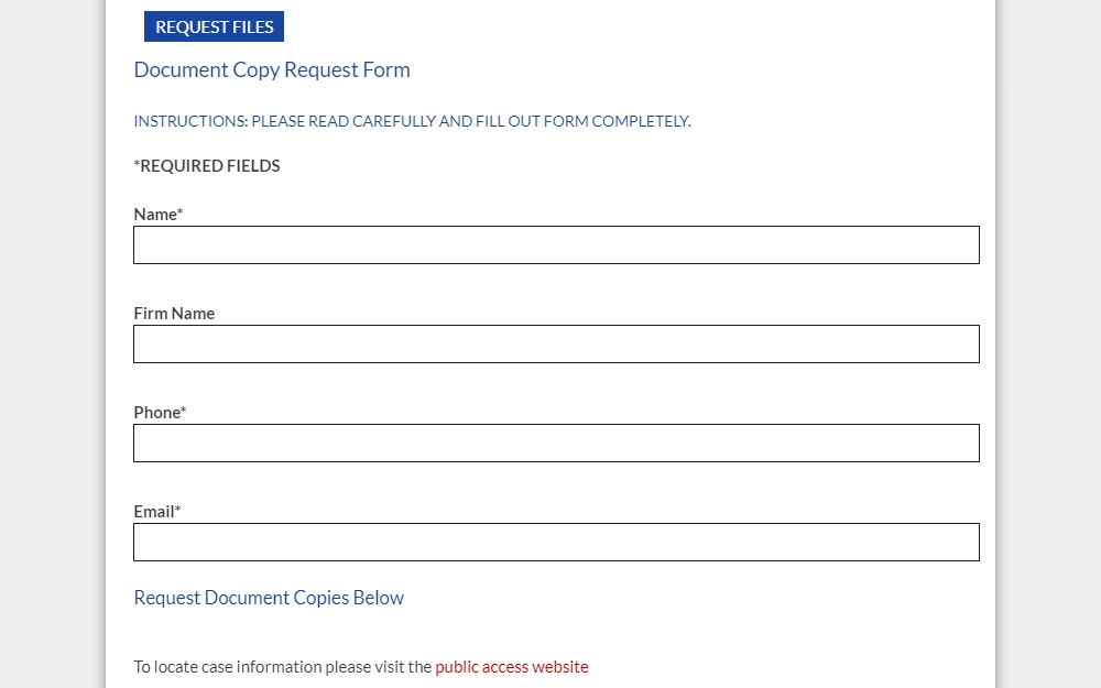 Screenshot of the online form of the Lake County Clerk for document copy requests with fields for the requestor's name and contact information.