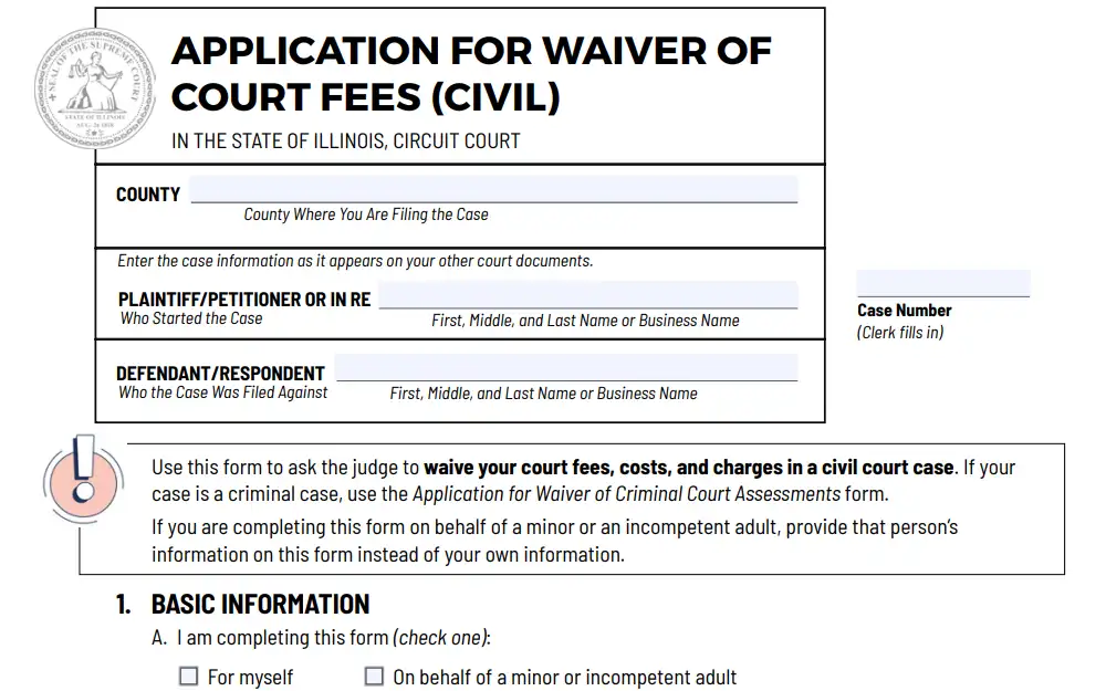 Screenshot of the first part of the fee waiver application showing the boxes that contain spaces for the county, names of both parties, case number, and another box with a reminder.