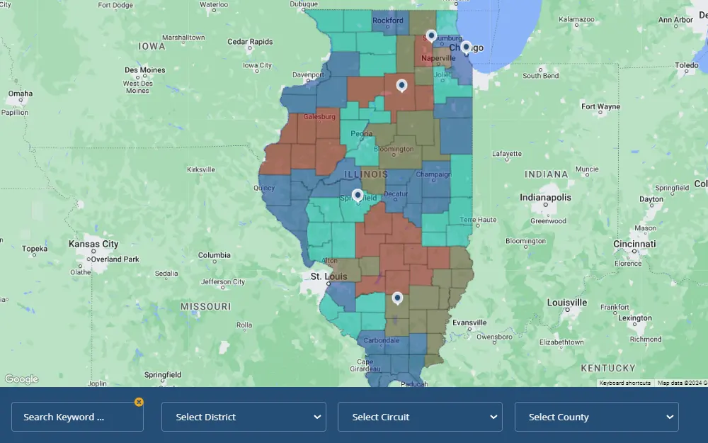 Screenshot of the interactive map of Illinois courts with a field for keyword search and drop-down menus for district, circuit, and county.