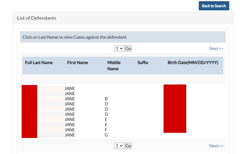 Screenshot of the case search results showing the defendants' full names and birthdates. 