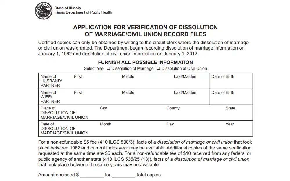 A screenshot of the application form for verification of dissolution, which displays the fields for both parties' names and birthdates, the place and date of dissolution, and a fee reminder at the bottom.