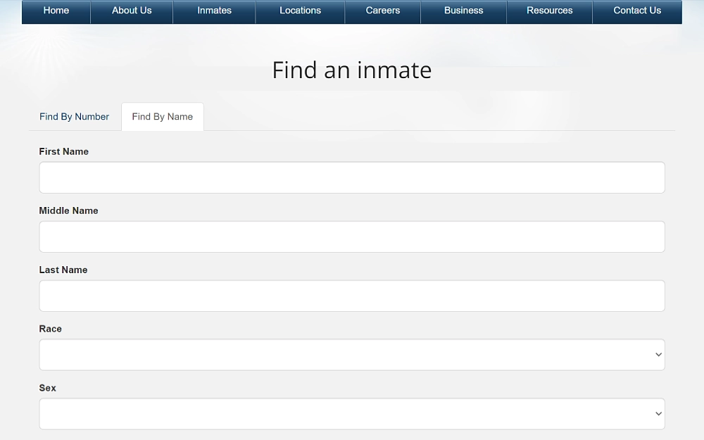A screenshot showing a find an inmate search displaying search options by number or name and search filters of finding by names such as first, middle and last name, race and sex.