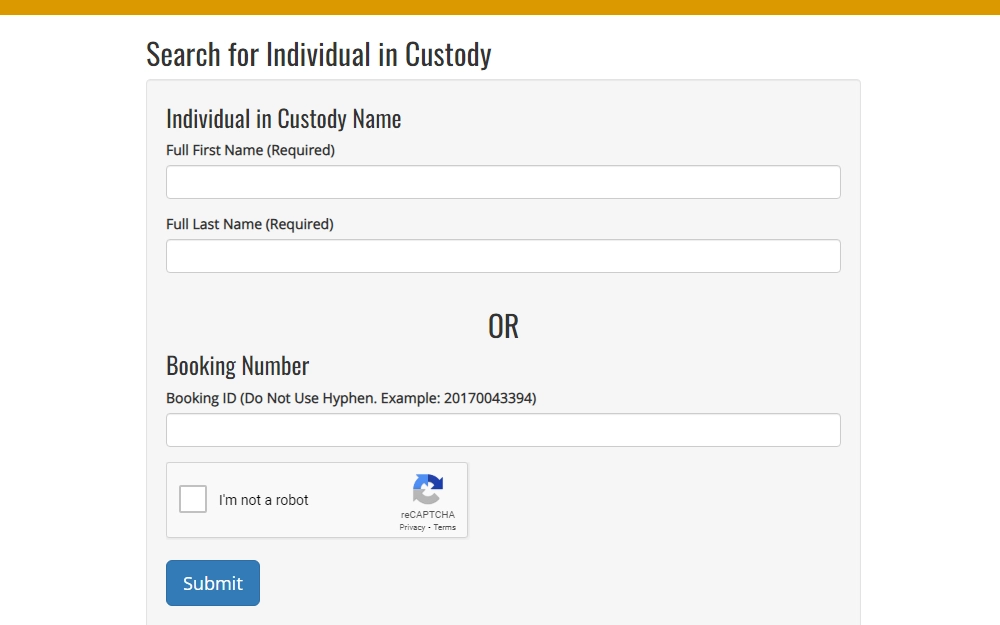 This screenshot displays a search for an individual in custody. The search options are to search by custody name, requiring the full first and last name, or by booking number, providing the booking ID.