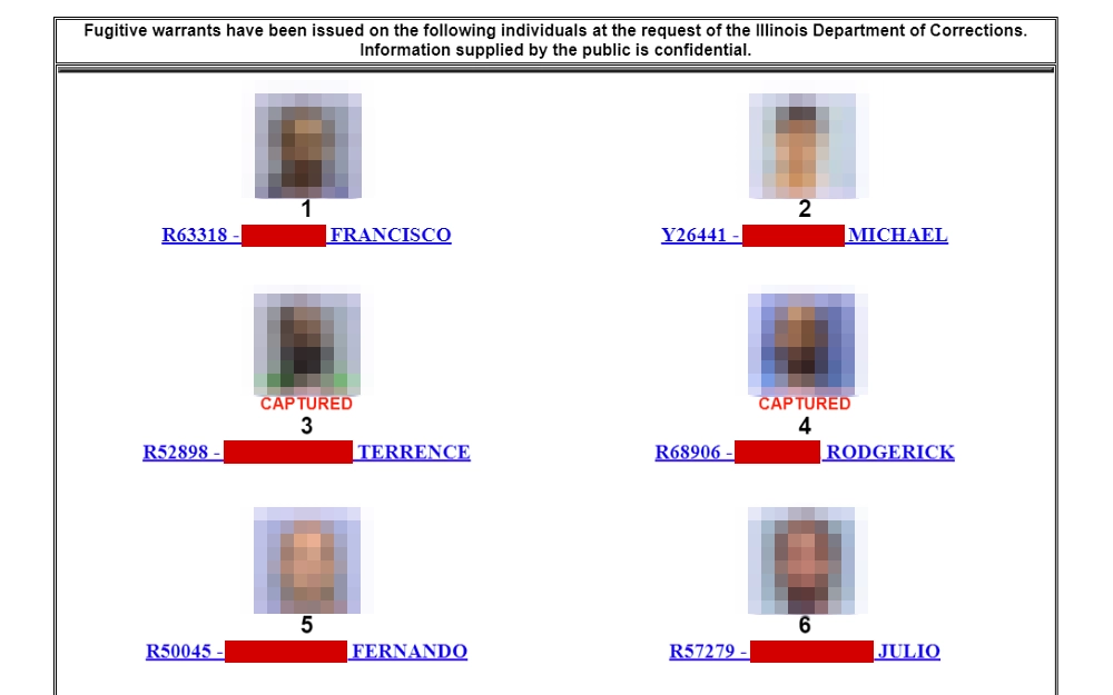 This is a screenshot from the Illinois Department of Corrections showing wanted fugitives with information such as mugshot preview, full name, and offender number.