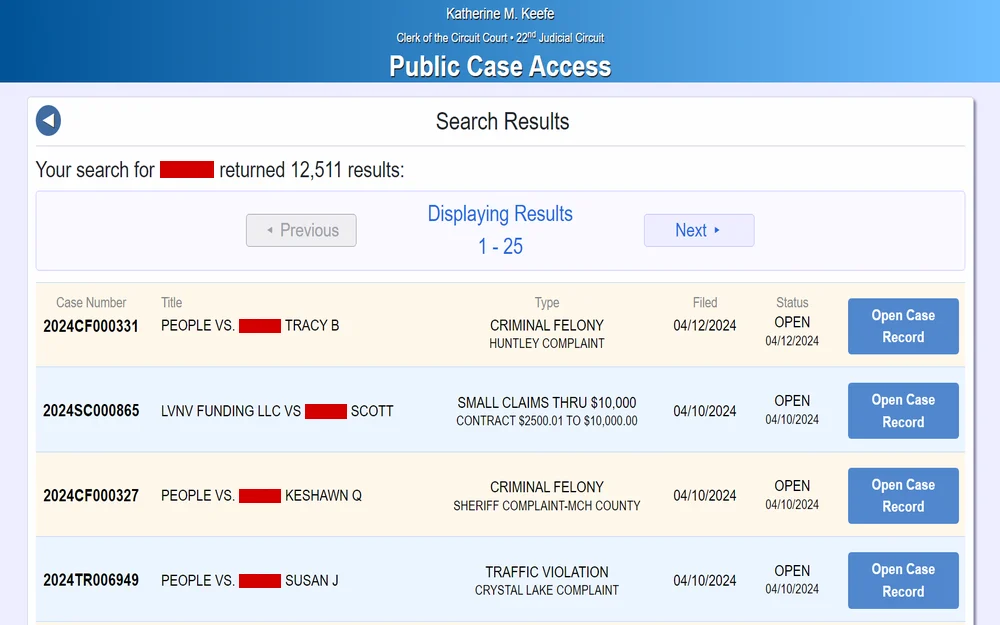 A screenshot from the Clerk of the Circuit Court displays a section of the list with case numbers, titles (e.g., PEOPLE VS. TRACY B), types of cases (like CRIMINAL FELONY), dates filed, and the status of the cases, all listed as open with an option to view the case record.