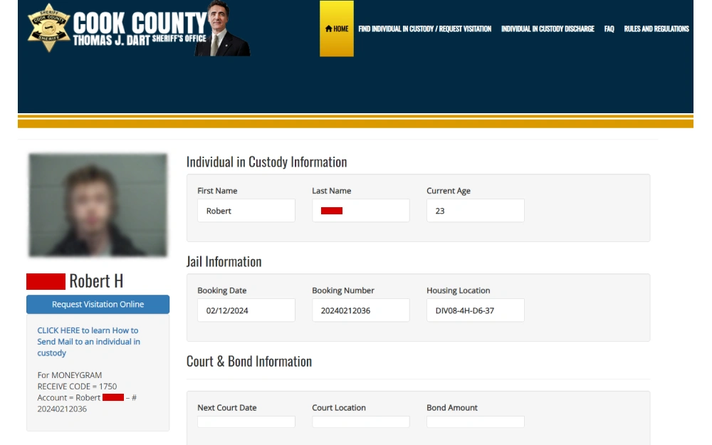 A screenshot from the Cook County Sheriff's Office website with a mugshot and personal details of an individual, including his age, booking date, and booking number, as well as a link to request visitation and court & bond information.