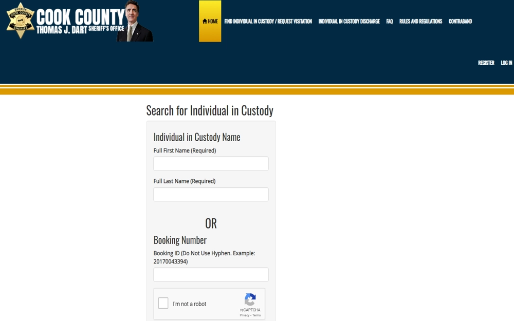 A screenshot from the Cook County Sheriff's Office, where users can search for individuals in custody by full name or booking number, with a reCAPTCHA verification for security.