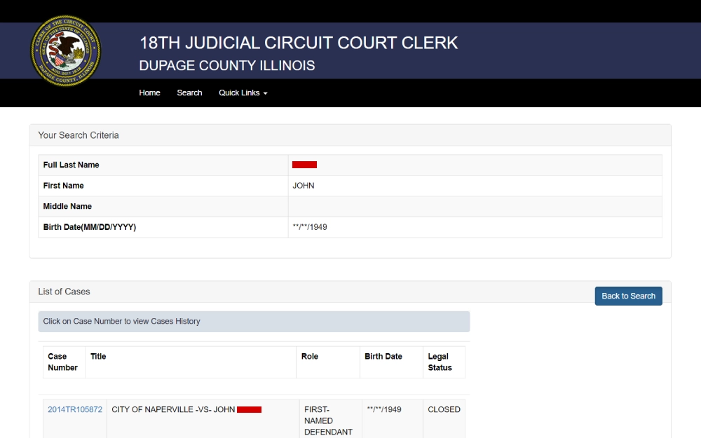 A screenshot from the 18th Judicial Circuit Court Clerk with input fields for last name and birth date completed, and below is a single closed case listing showing the case number, title, role, birth date, and legal status.