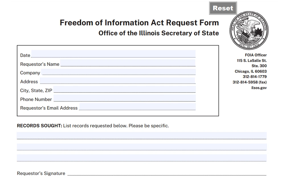 A screenshot of the Freedom of Information Act Request Form from the Office of the Illinois Secretary of State requiring details such as date, requestor's name, company, address, city, state, ZIP, phone number, requestor's email address, list of records requested and requestor's signature.