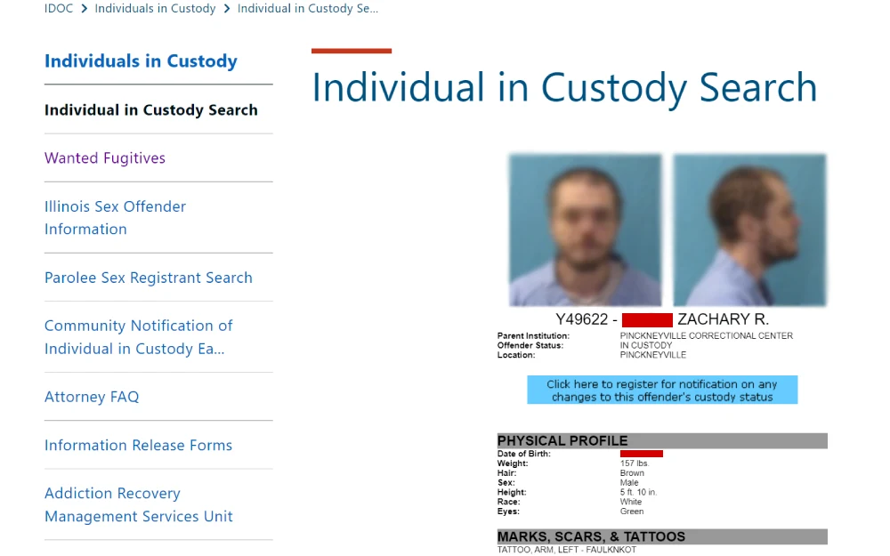 A screenshot from the Illinois Department of Corrections showing the profile of a detained individual, including a front and side mugshot, identification number, current location, physical description details, and a list of physical identifiers such as marks, scars, and tattoos.