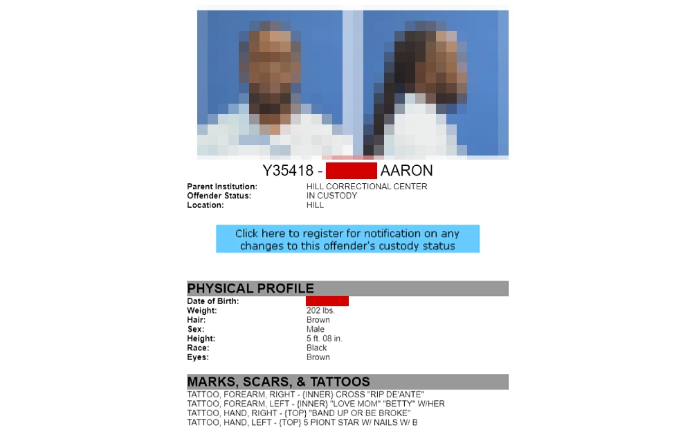 A screenshot showing an individual in custody showing a mugshot photo, complete name, and physical profile such as date of birth, weight, hair, sex, height, race, eyes, marks, scars and tattoos from the Illinois Department of Corrections website.