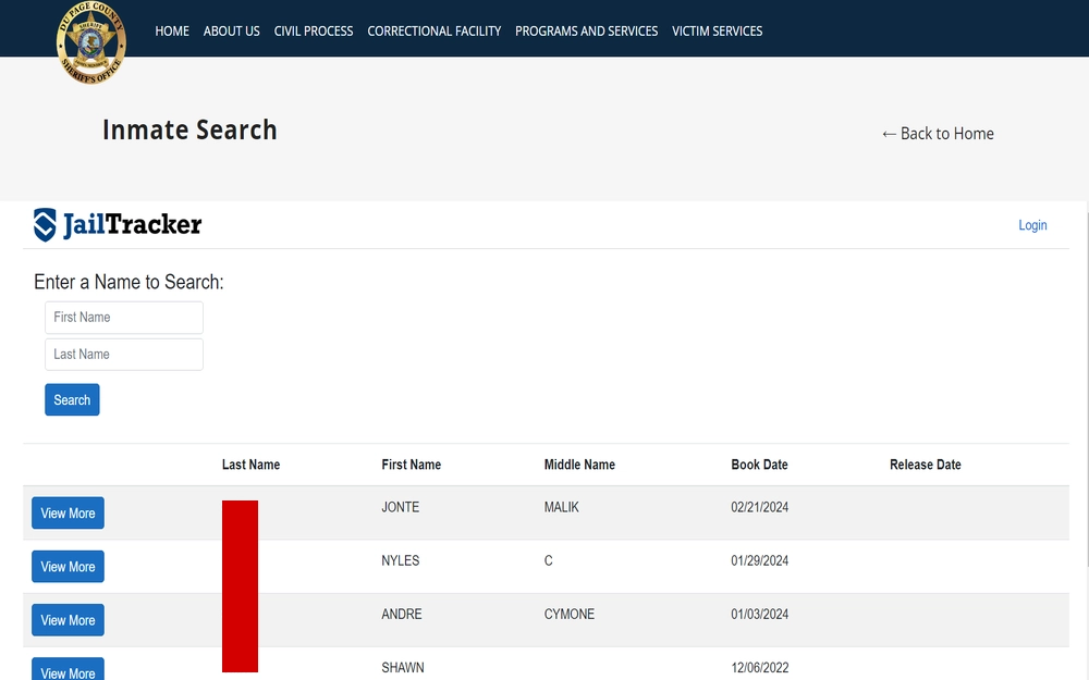 A screenshot from the DuPage County Sheriff's Office for searching inmate records, labeled 'JailTracker,' where users can enter a first and last name to search; displayed results include a list of individuals with the last name, along with their first names, middle initials, booking dates, and release dates.