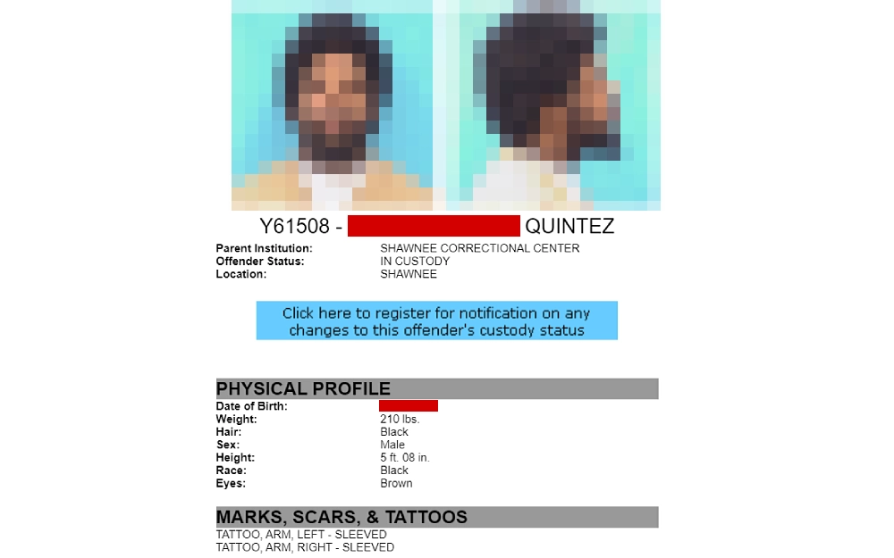 A screenshot from the Illinois Department of Corrections website displaying an offender's information, including a mugshot photo and details such as name, parent institution, offender status, location, physical profile, marks, scars, and tattoos.