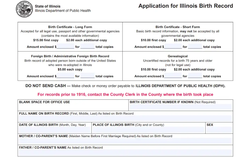 A screenshot of a birth record application form from the Illinois Department of Public Health with options for requesting long and short forms, foreign birth records, and genealogical records, including fees for each and instructions for payment.