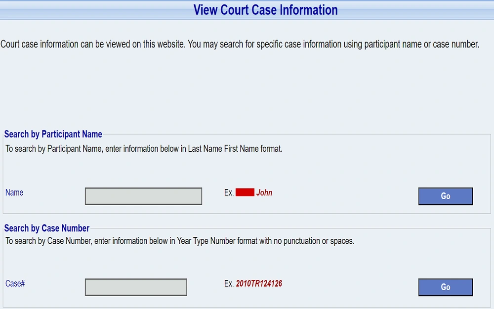 A screenshot from the Illinois Courts for viewing court case information, offering search options by participant name in a specified format or by a case number without punctuation or spaces.