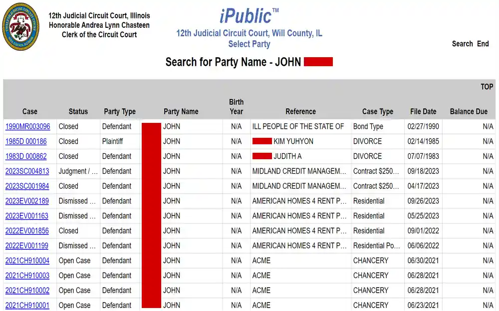 A screenshot from the 12th Judicial Circuit Court displaying a list of court cases, indicating case numbers, statuses, party types, and various case types with their filing dates, without any personal identification details visible.