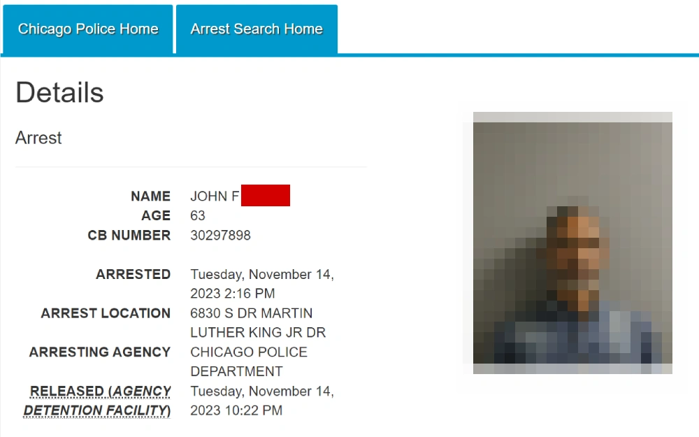 A screenshot showing the search arrests results with information such as first name, last name, current age, first charge, inchoate, and arrest date.