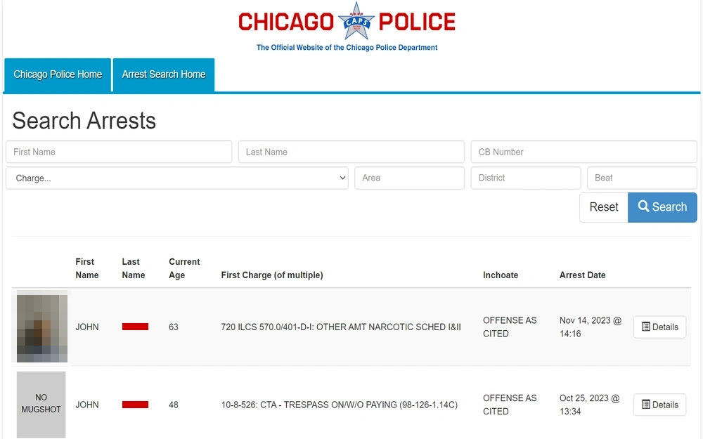 A screenshot showing the search arrests results with information such as first name, last name, current age, first charge, inchoate, and arrest date.