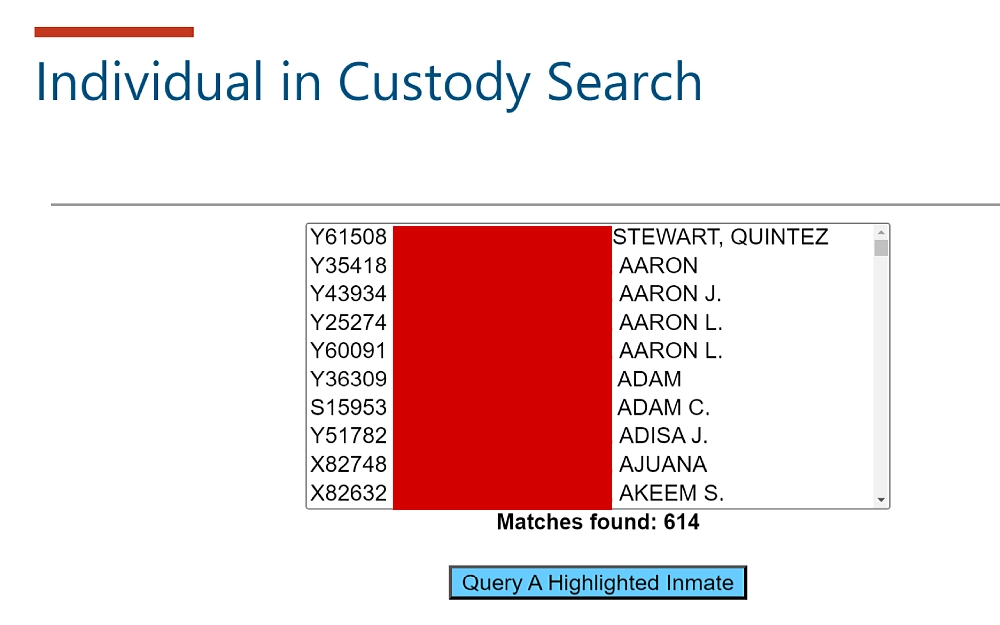 A screenshot showing the individual in custody search results from the IDOC website displays information such as complete name and date of birth.