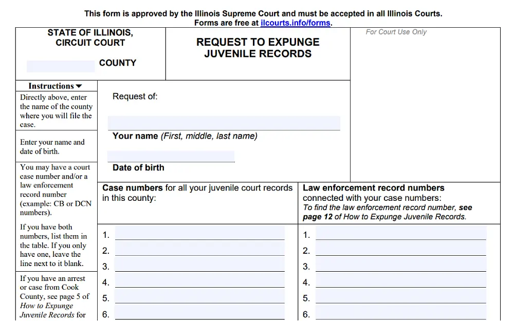 A screenshot showing the request to expunge juvenile records with details to be filled in, such as name, date of birth and case numbers, from the State of Illinois Circuit Court website.