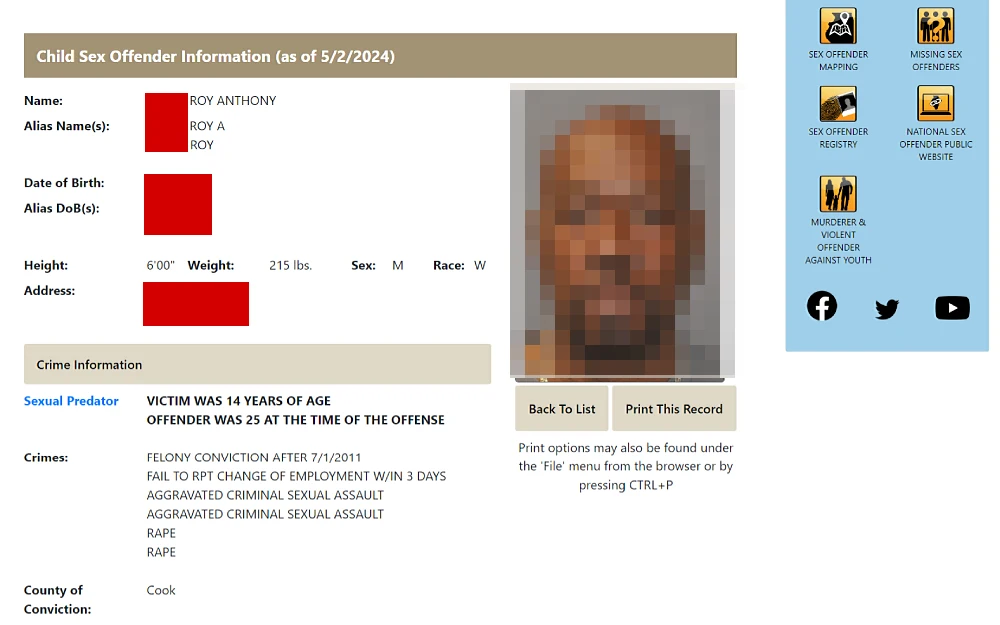 A screenshot displaying information about a child sex offender, such as name, alias name, date of birth, alias date of birth, height, address and crime details.