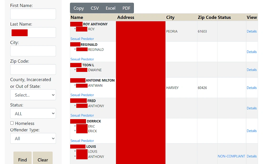 A screenshot shows a sex offender registry search that involves entering the first name, last name, city, zip code, status, offender type, and search results.