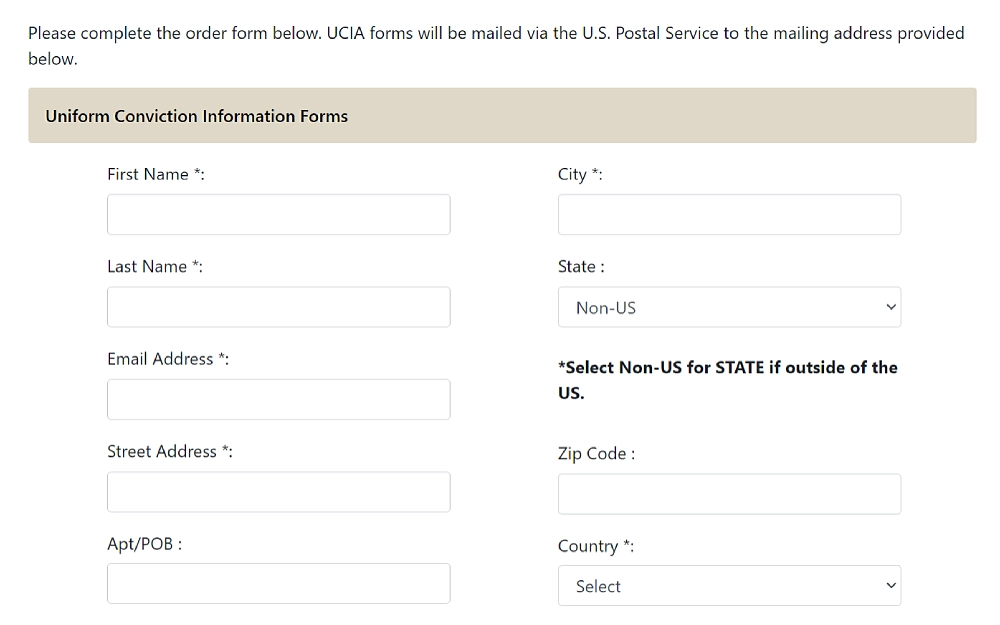 A screenshot showing the Uniform Conviction Information Form requiring information such as first name, last name, city, email address, state, street address, zip code and country.